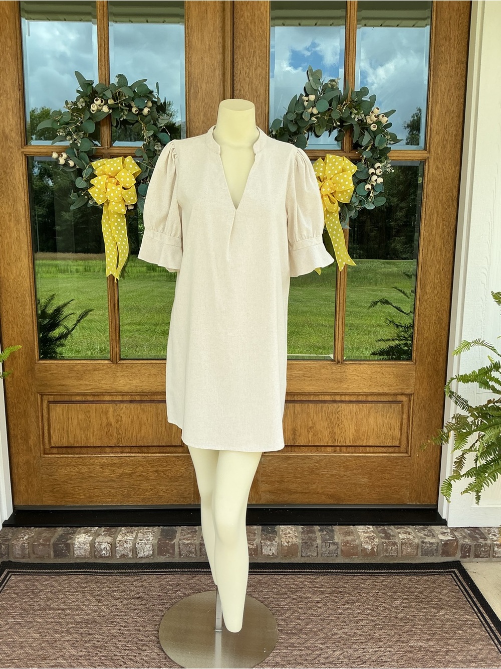 SHEIN Cream Notch-Neck Puff Sleeve Mini Dress